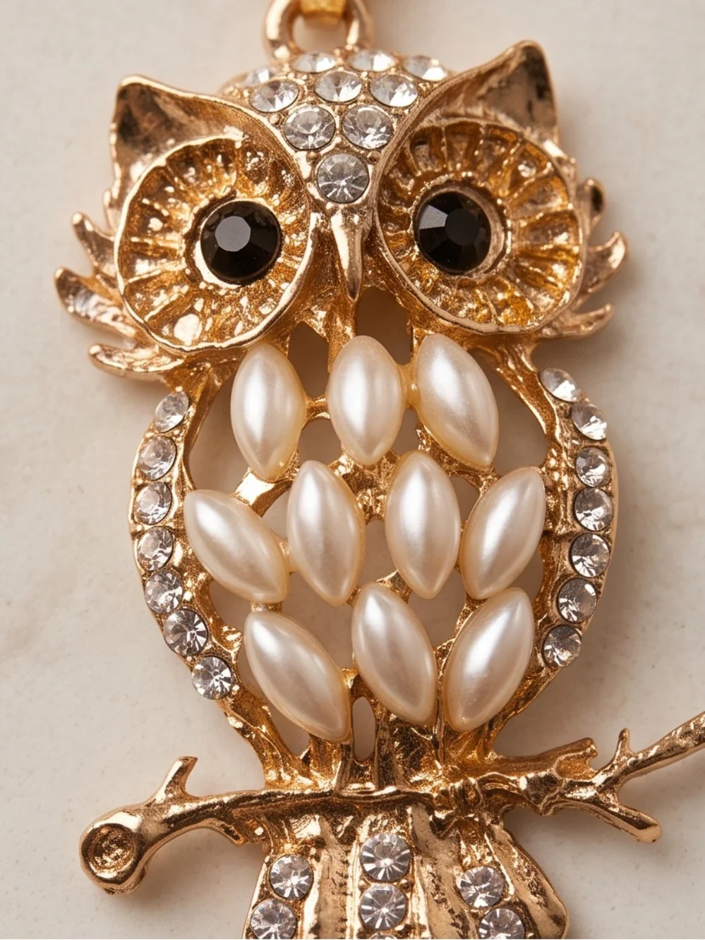Gold-Tone Owl Pendant Necklace with Faux Pearls and Rhinestones NEW
